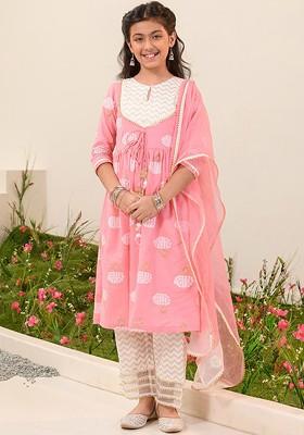 Pink Printed Poly Blend Salwar Kameez With Dupatta For Girls