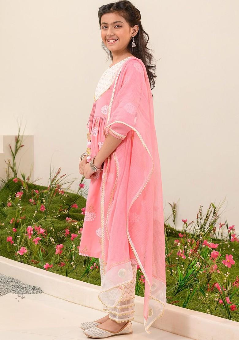 Pink Printed Poly Blend Salwar Kameez With Dupatta For Girls