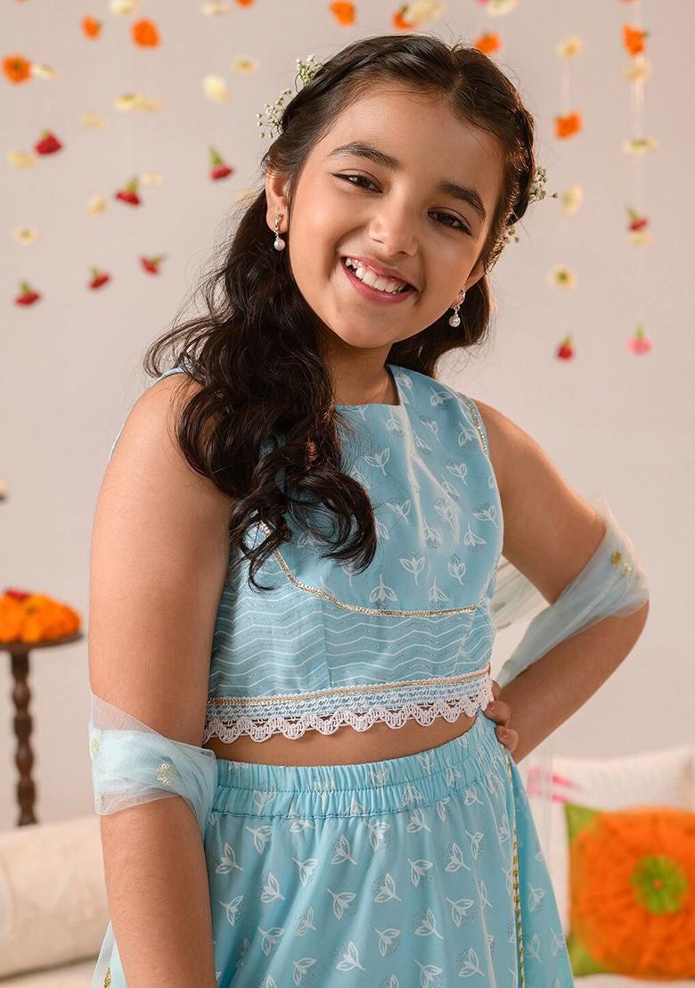 Blue Printed Poly Blend Lehenga Set With Dupatta For Girls