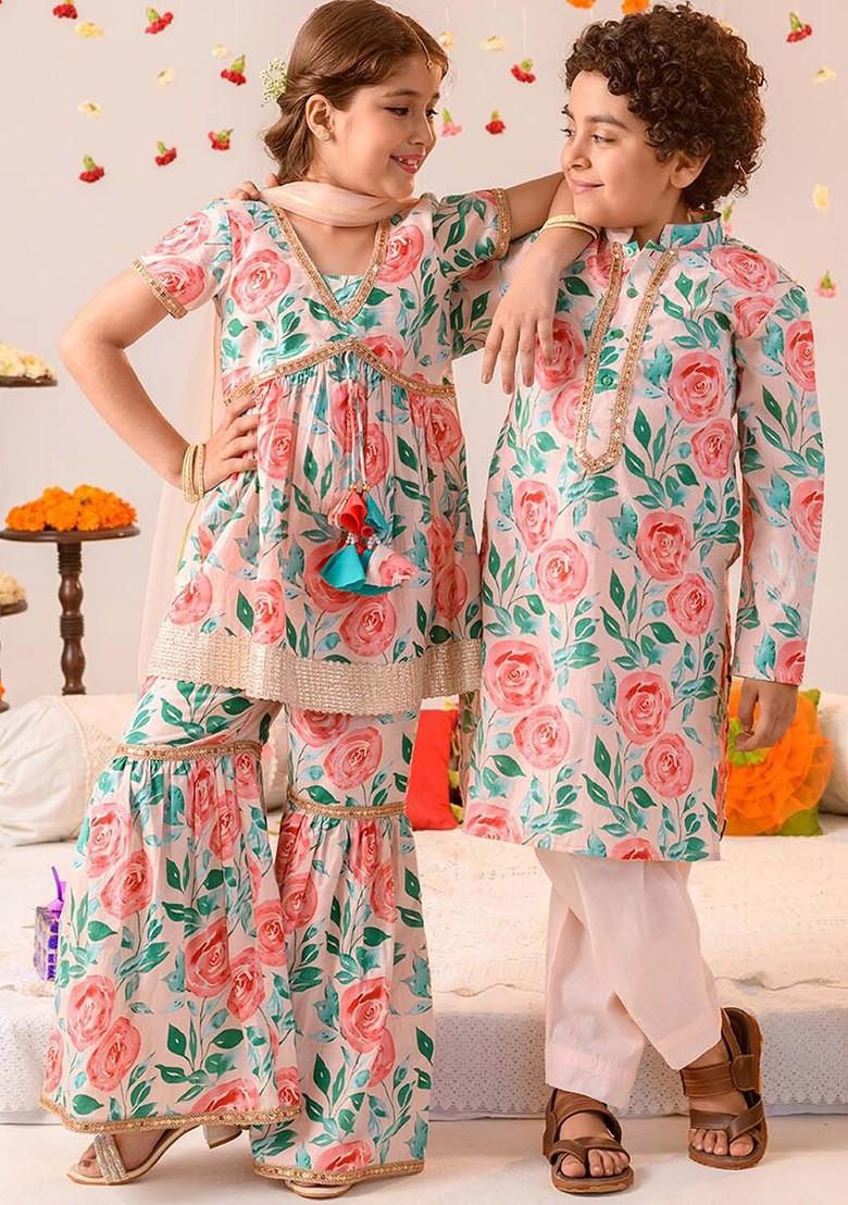 Peach Printed Poly Blend Sharara Set With Dupatta For Girls