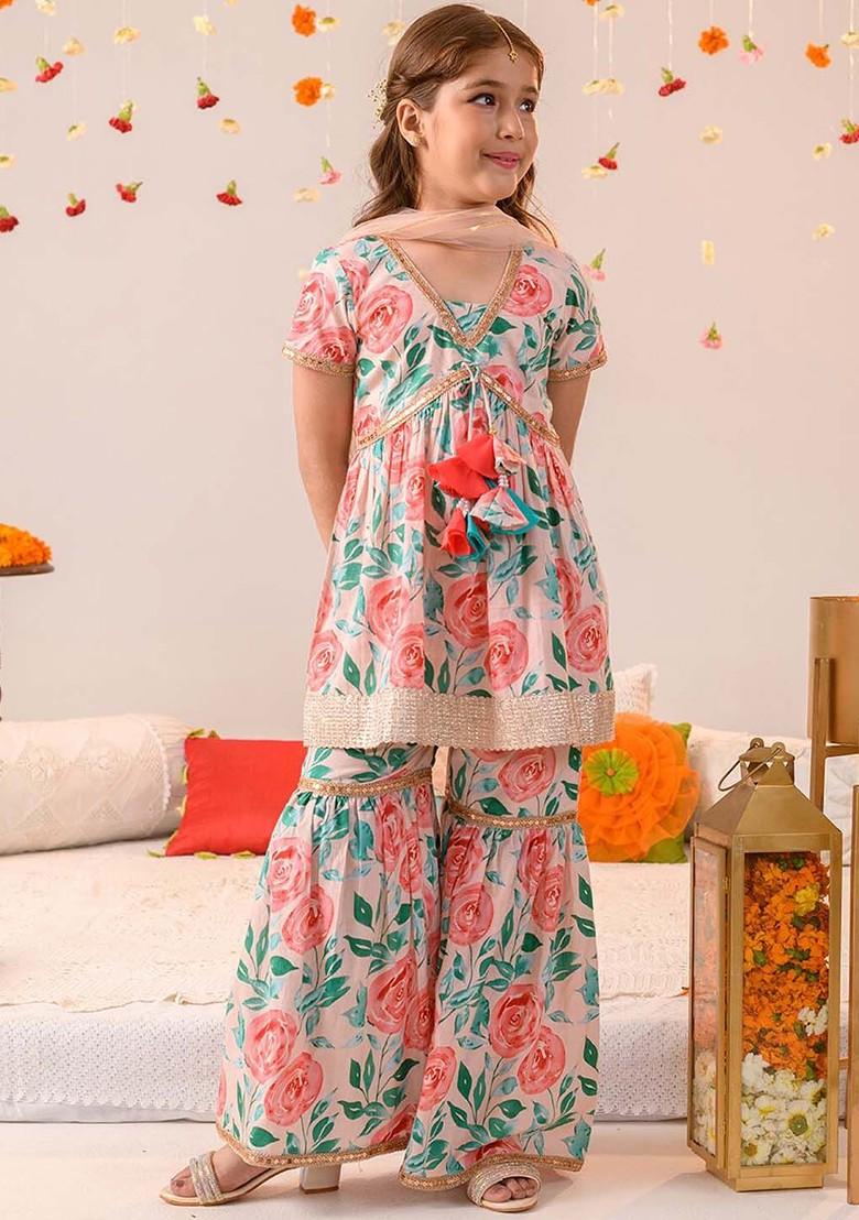 Peach Printed Poly Blend Sharara Set With Dupatta For Girls