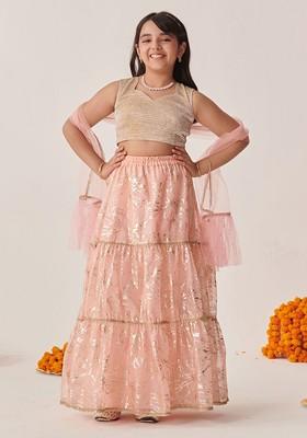 Peach Printed Poly Blend Lehenga Set With Dupatta For Girls
