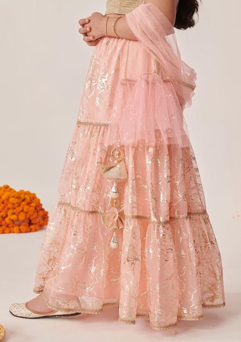 Peach Printed Poly Blend Lehenga Set With Dupatta For Girls