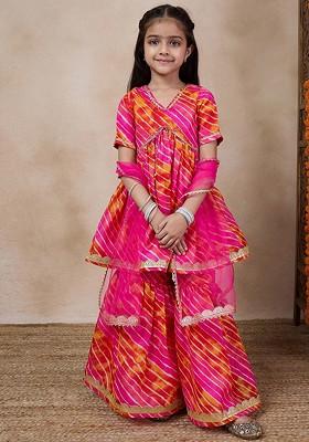 Magenta Embroidered Poly Blend Sharara Set With Dupatta For Girls