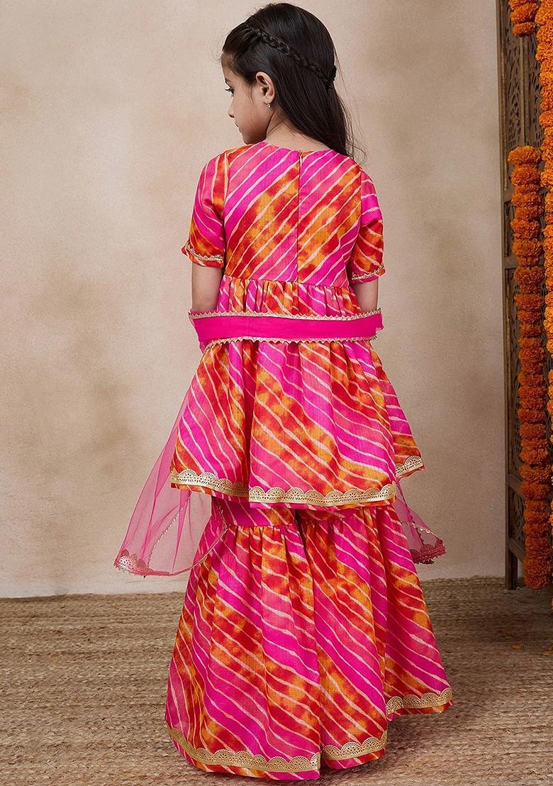 Magenta Embroidered Poly Blend Sharara Set With Dupatta For Girls