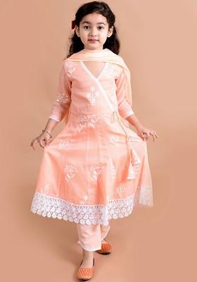 Peach Embroidered Poly Blend Salwar Kameez With Dupatta For Girls