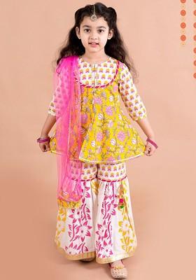 Yellow Printed Poly Blend Sharara Set With Dupatta For Girls