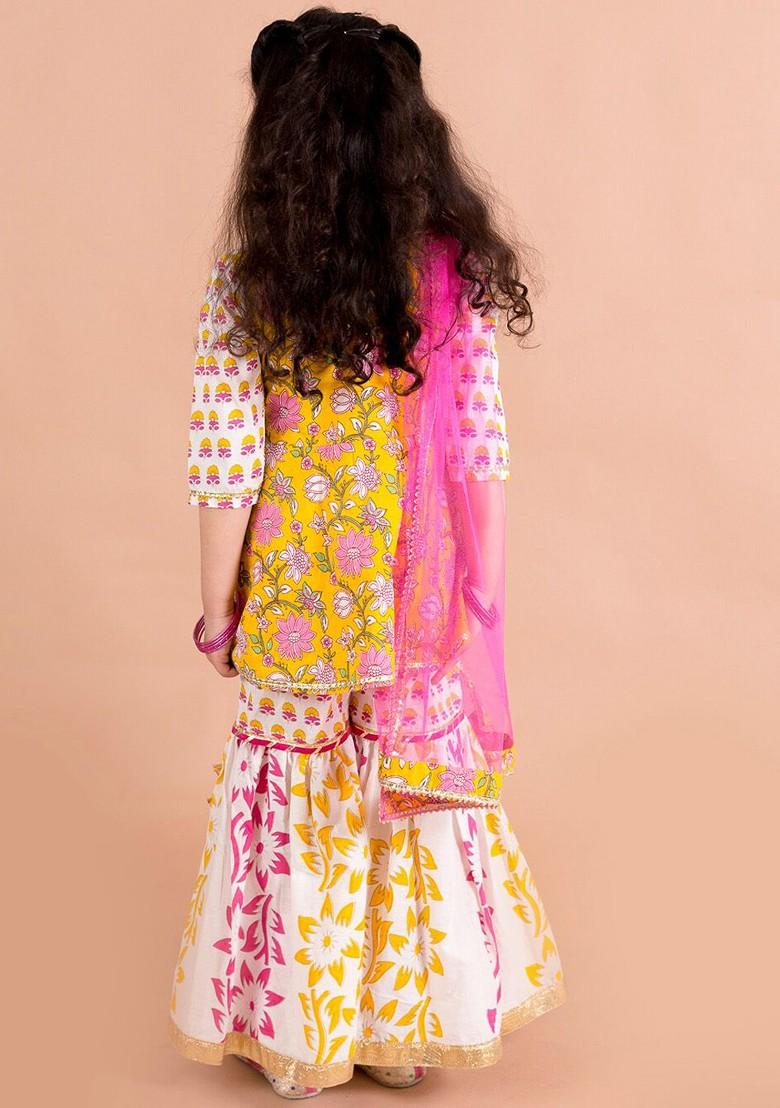 Yellow Printed Poly Blend Sharara Set With Dupatta For Girls