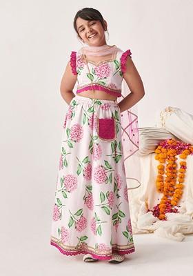 Rose Pink Printed Poly Blend Lehenga Set With Dupatta For Girls