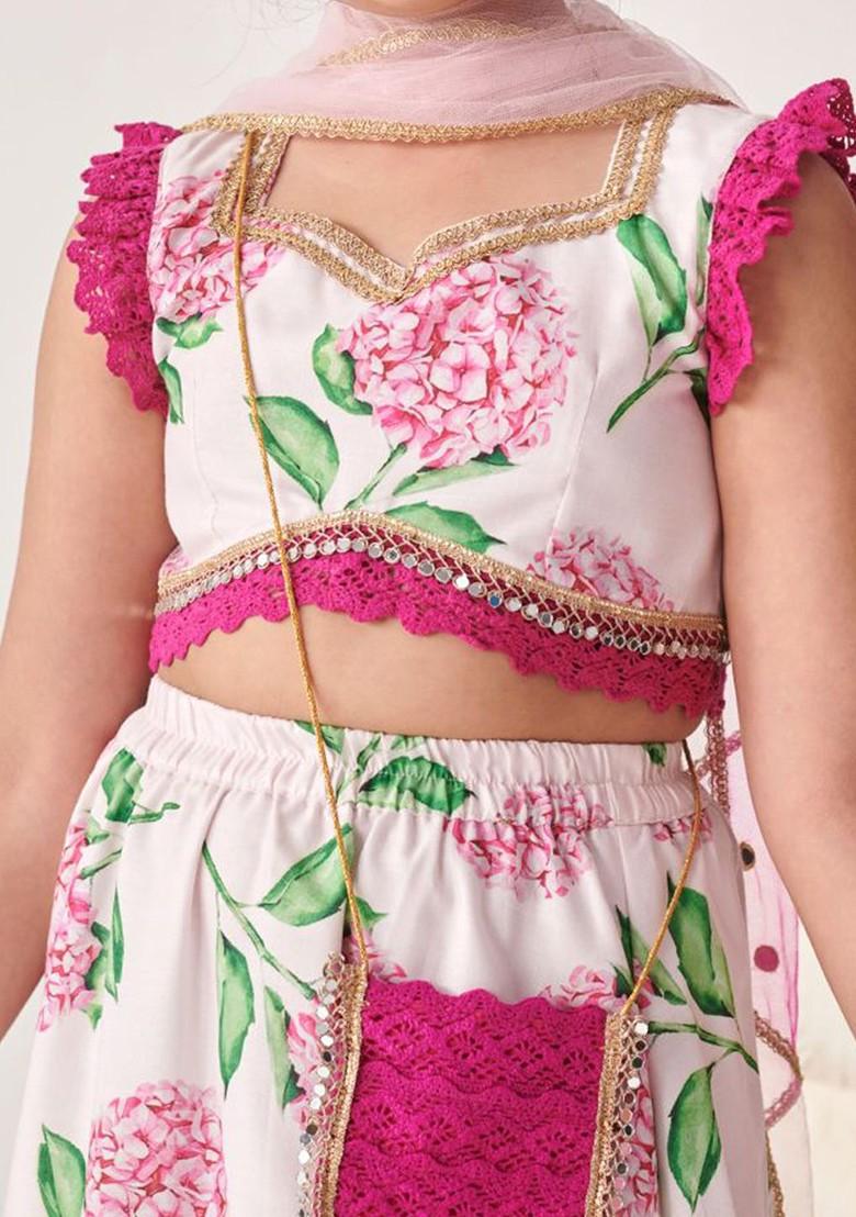 Rose Pink Printed Poly Blend Lehenga Set With Dupatta For Girls