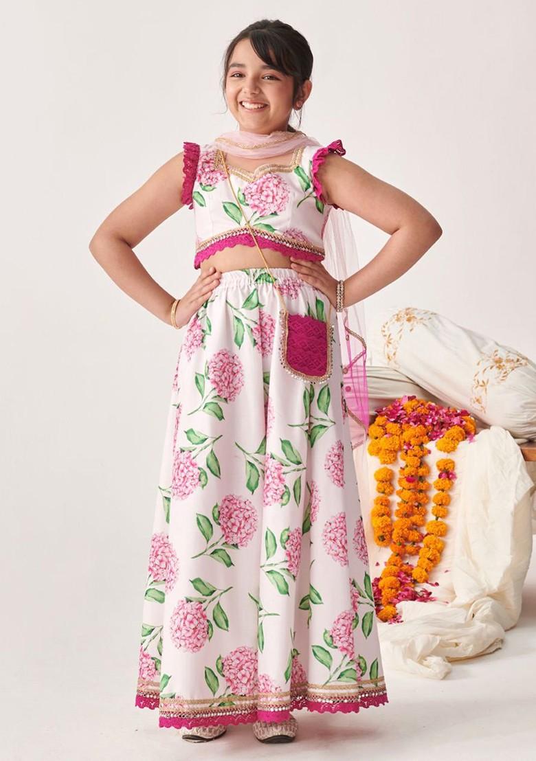Rose Pink Printed Poly Blend Lehenga Set With Dupatta For Girls