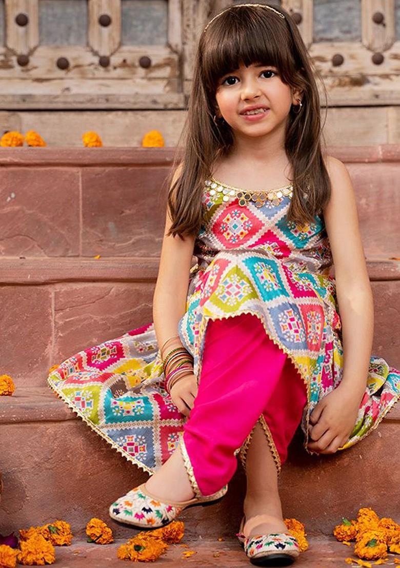 Pink Embroidered Poly Blend Salwar Kameez With Dupatta For Girls