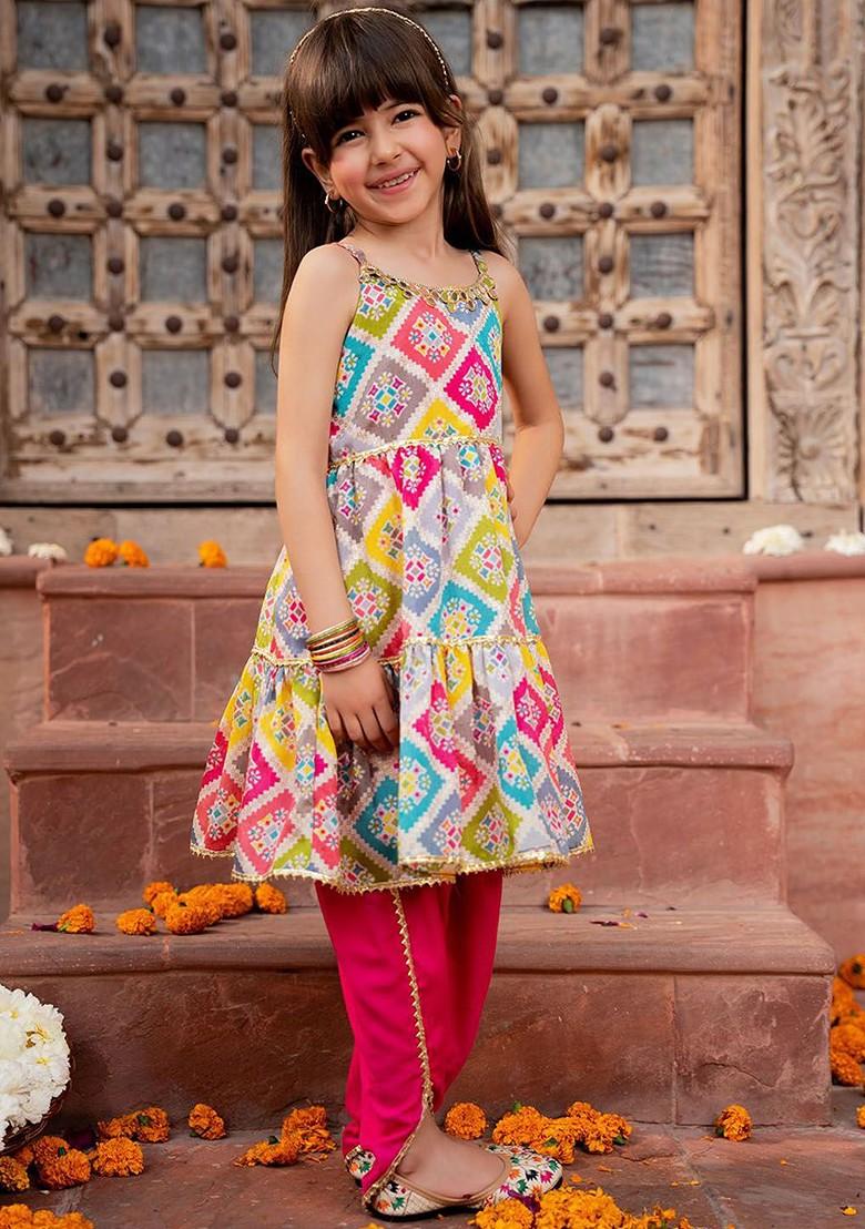 Pink Embroidered Poly Blend Salwar Kameez With Dupatta For Girls