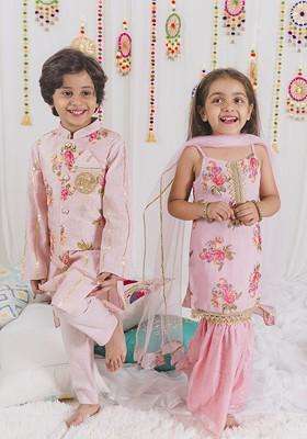 Pink Printed Poly Blend Sharara Set With Dupatta For Girls