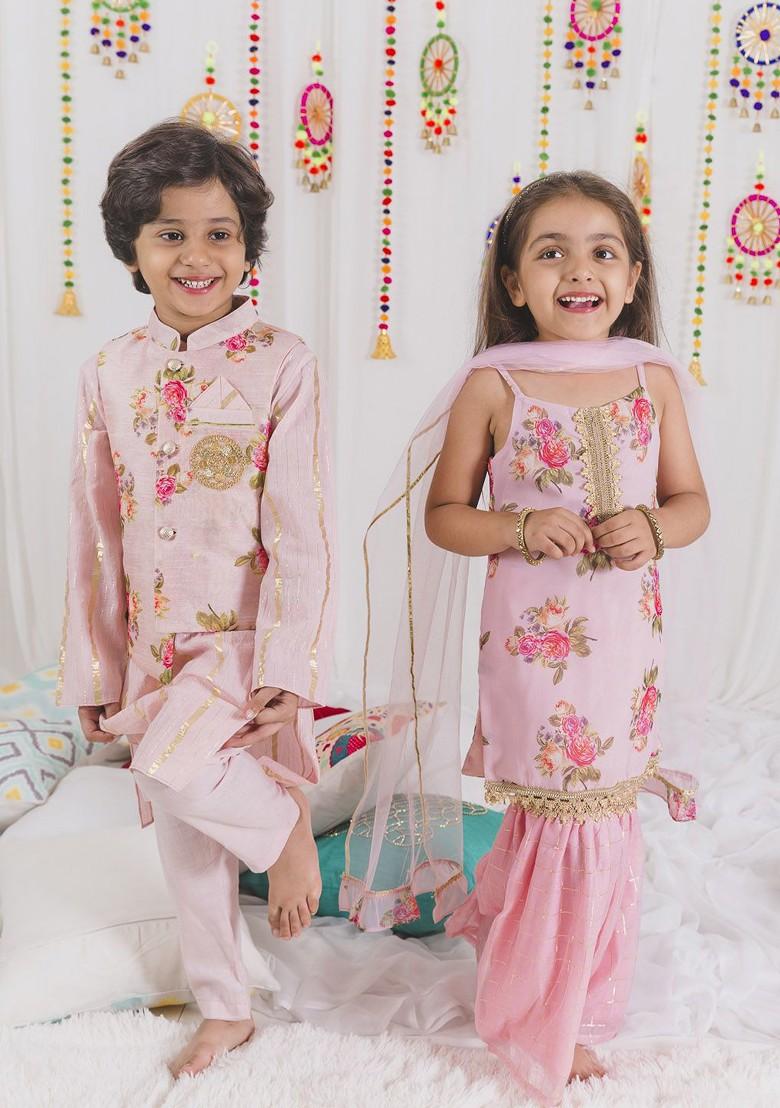 Pink Printed Poly Blend Sharara Set With Dupatta For Girls