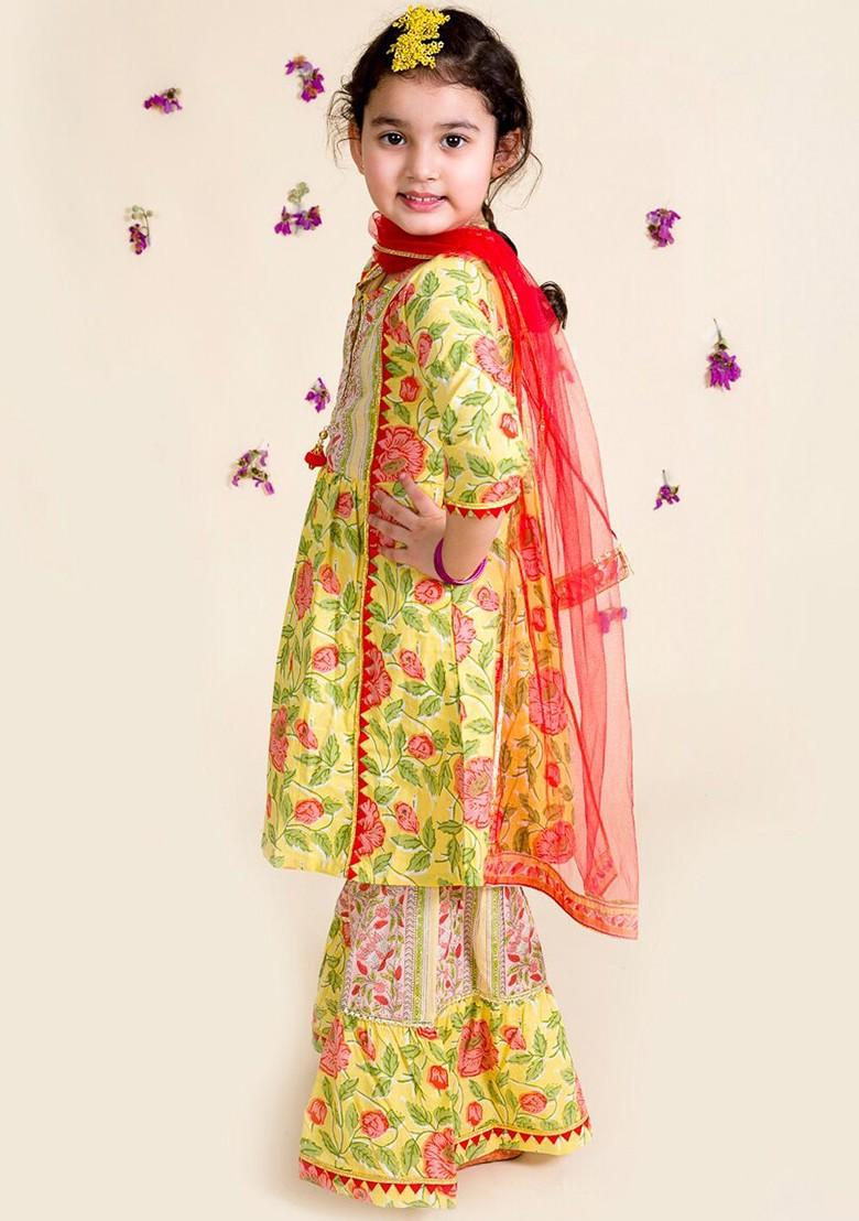 Yellow Printed Poly Blend Sharara Set With Dupatta For Girls