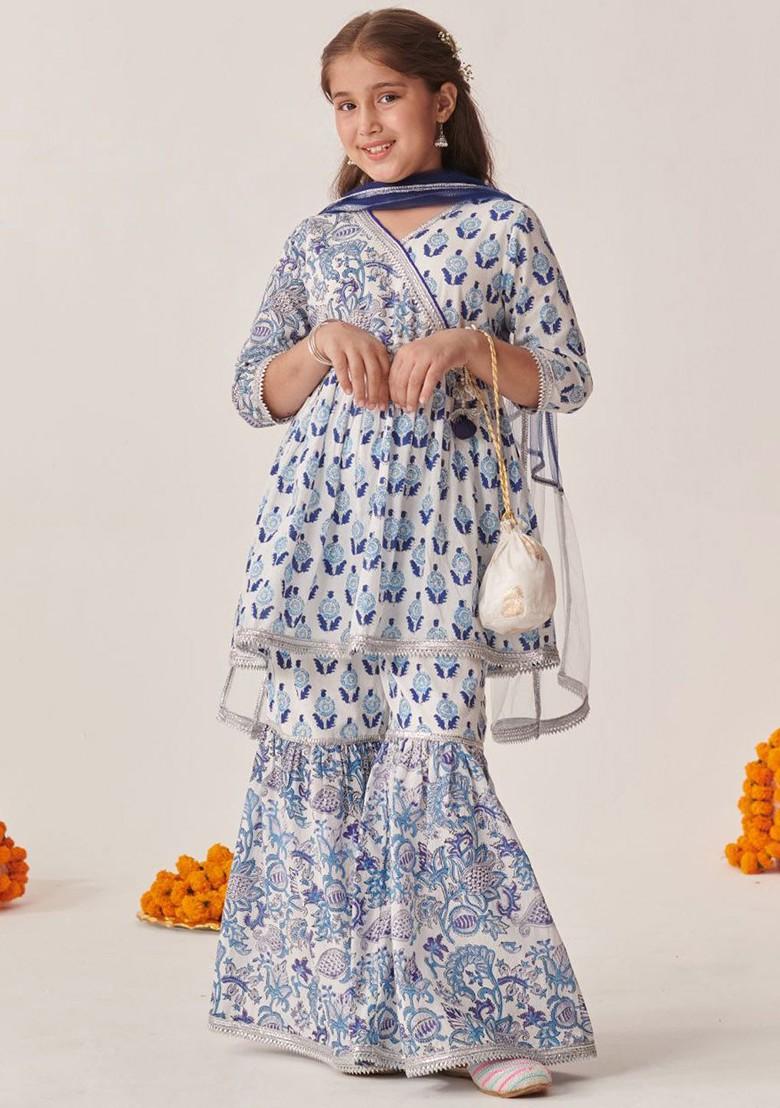 Blue Printed Poly Blend Sharara Set With Dupatta For Girls