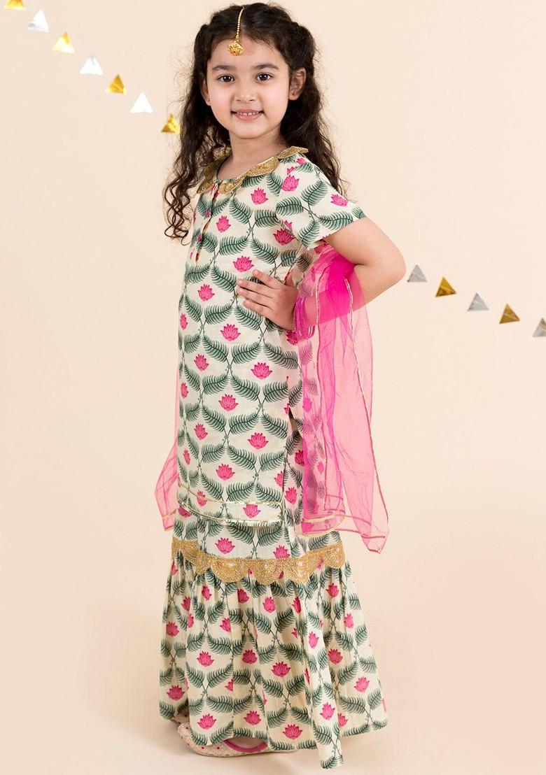 Off White Embroidered Poly Blend Salwar Kameez With Dupatta For Girls