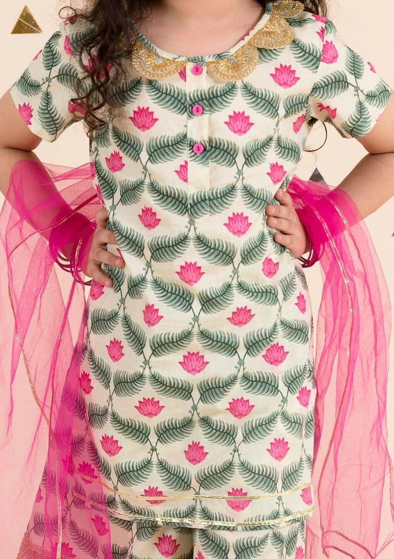 Off White Embroidered Poly Blend Salwar Kameez With Dupatta For Girls