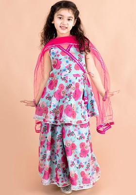 Blue Printed Poly Blend Sharara Set With Dupatta For Girls