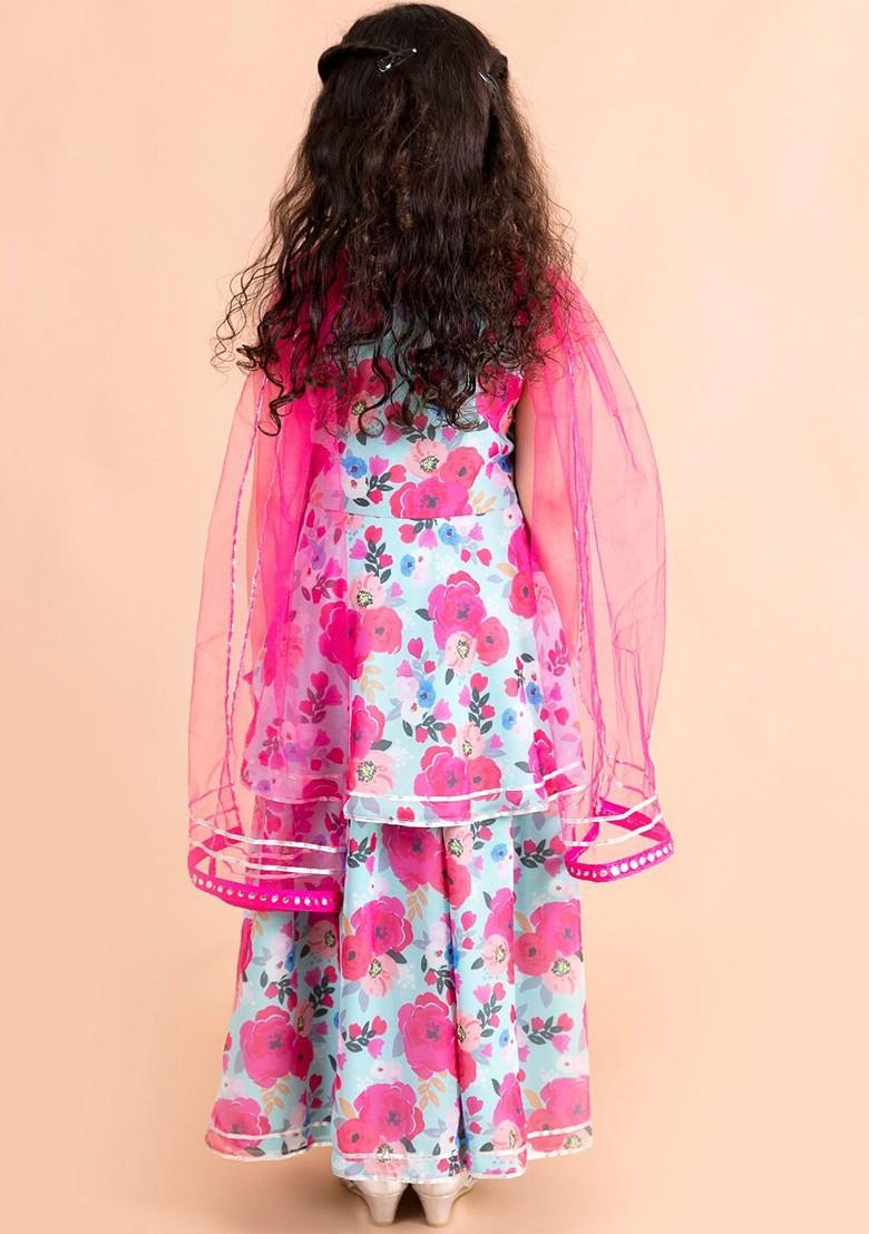 Blue Printed Poly Blend Sharara Set With Dupatta For Girls