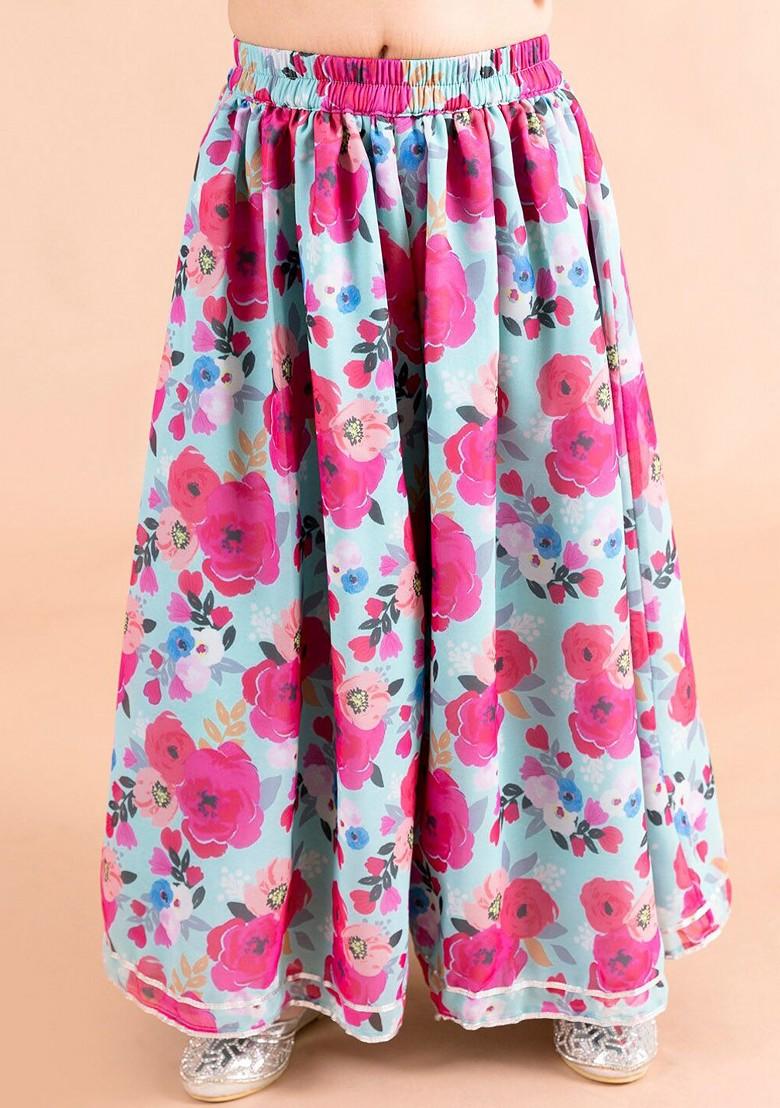 Blue Printed Poly Blend Sharara Set With Dupatta For Girls