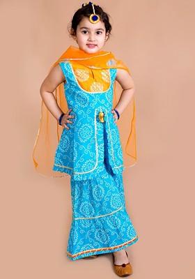 Blue Printed Poly Blend Sharara Set With Dupatta For Girls