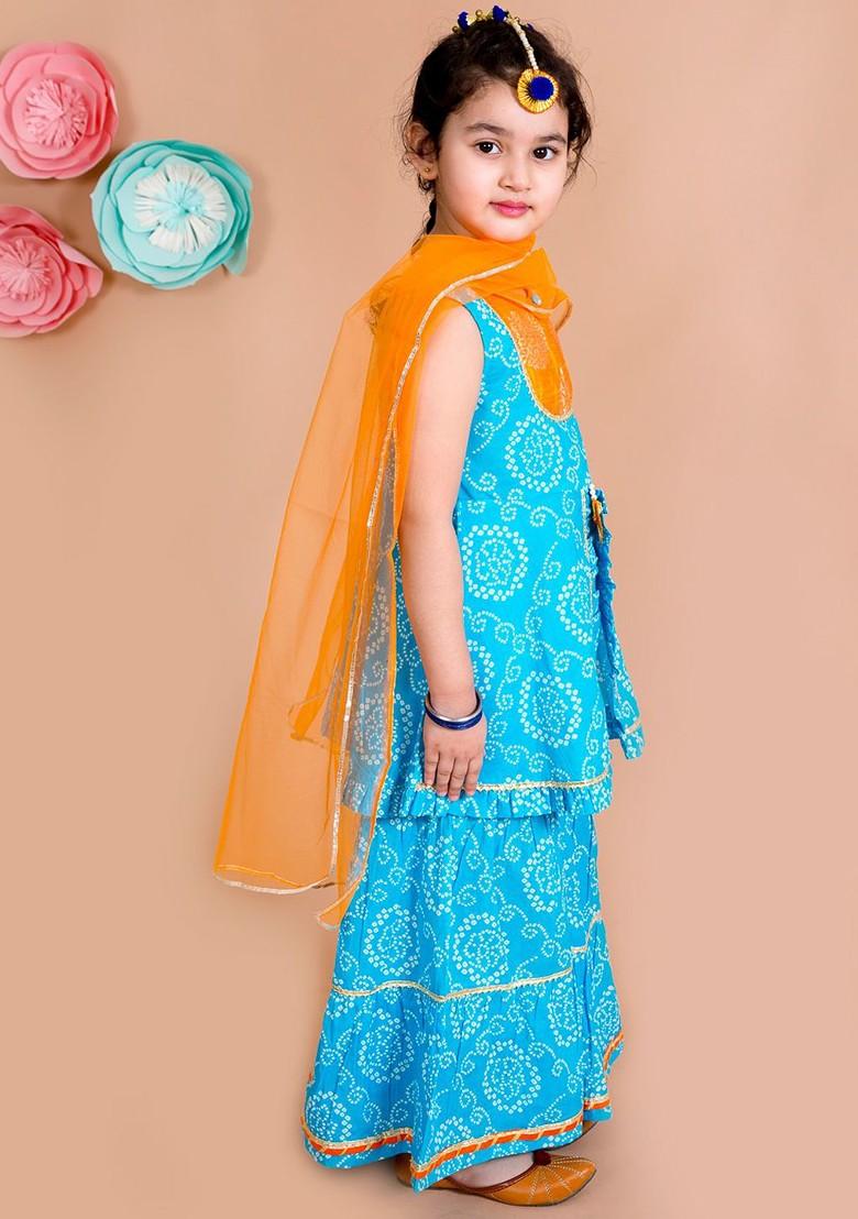 Blue Printed Poly Blend Sharara Set With Dupatta For Girls