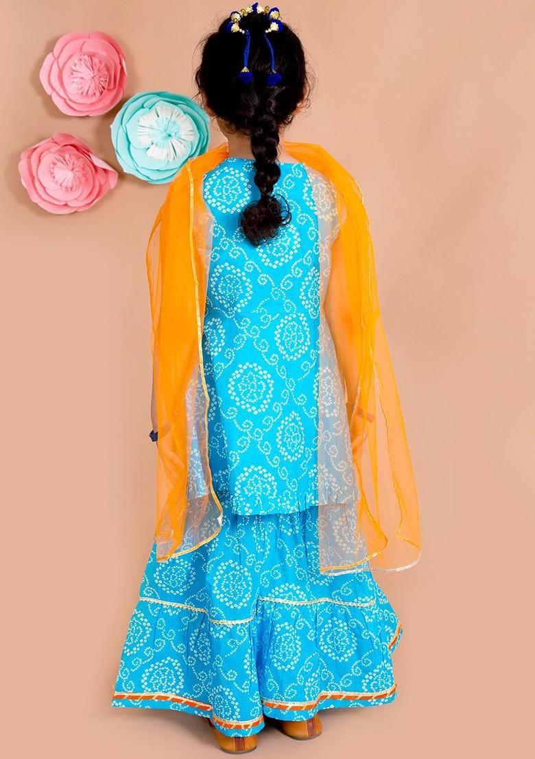 Blue Printed Poly Blend Sharara Set With Dupatta For Girls