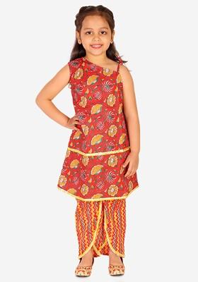Girls Orange Floral Printed Gotta Patti Pure Cotton Top With Dhoti Pants