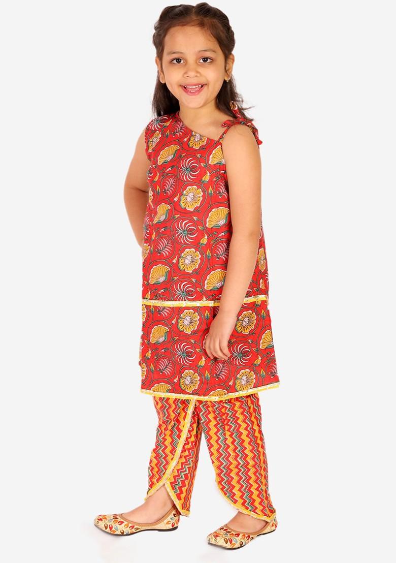 Girls Orange Floral Printed Gotta Patti Pure Cotton Top With Dhoti Pants