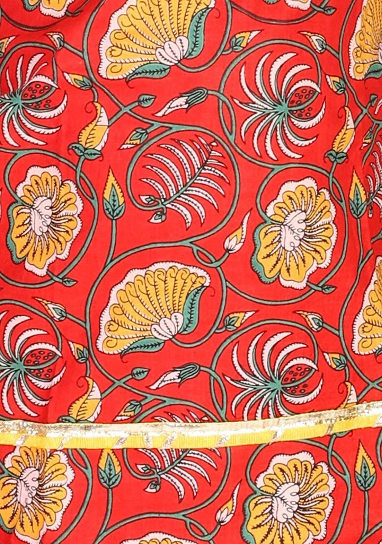 Girls Orange Floral Printed Gotta Patti Pure Cotton Top With Dhoti Pants