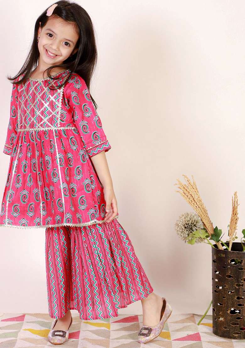Girls Ethnic Motifs Printed Gotta Patti Pure Cotton Kurta With Sharara - Indya