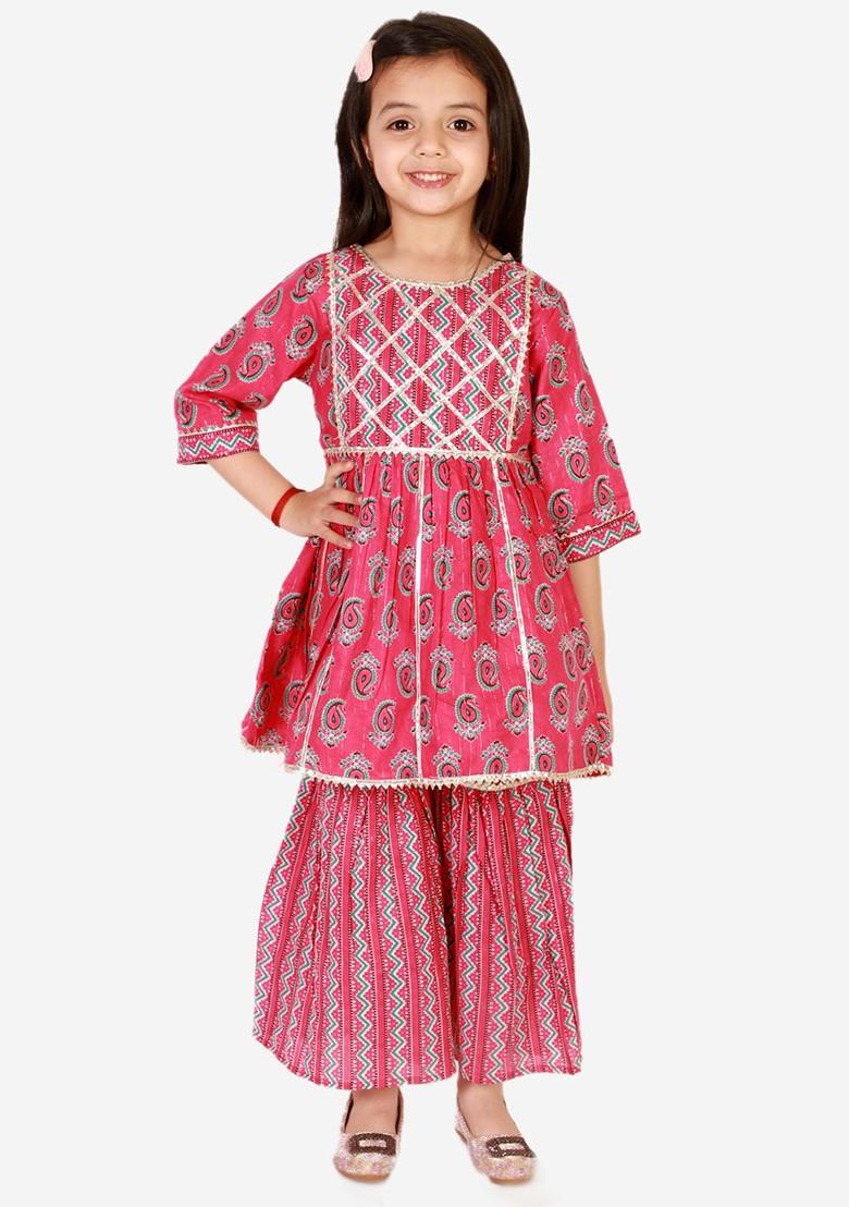 Girls Ethnic Motifs Printed Gotta Patti Pure Cotton Kurta With Sharara