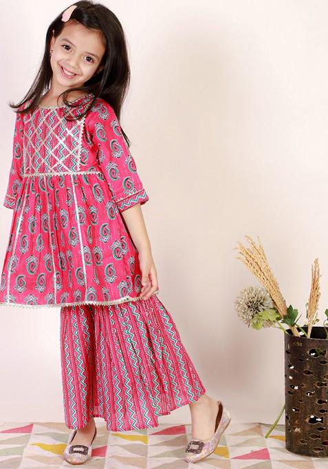 Girls Ethnic Motifs Printed Gotta Patti Pure Cotton Kurta With Sharara