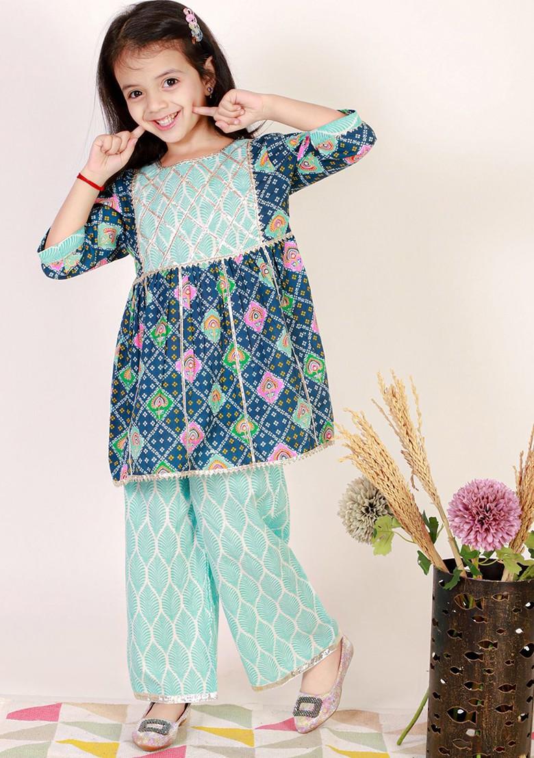 Girls Floral Printed Gotta Patti A Line Pure Cotton Kurta With Palazzos