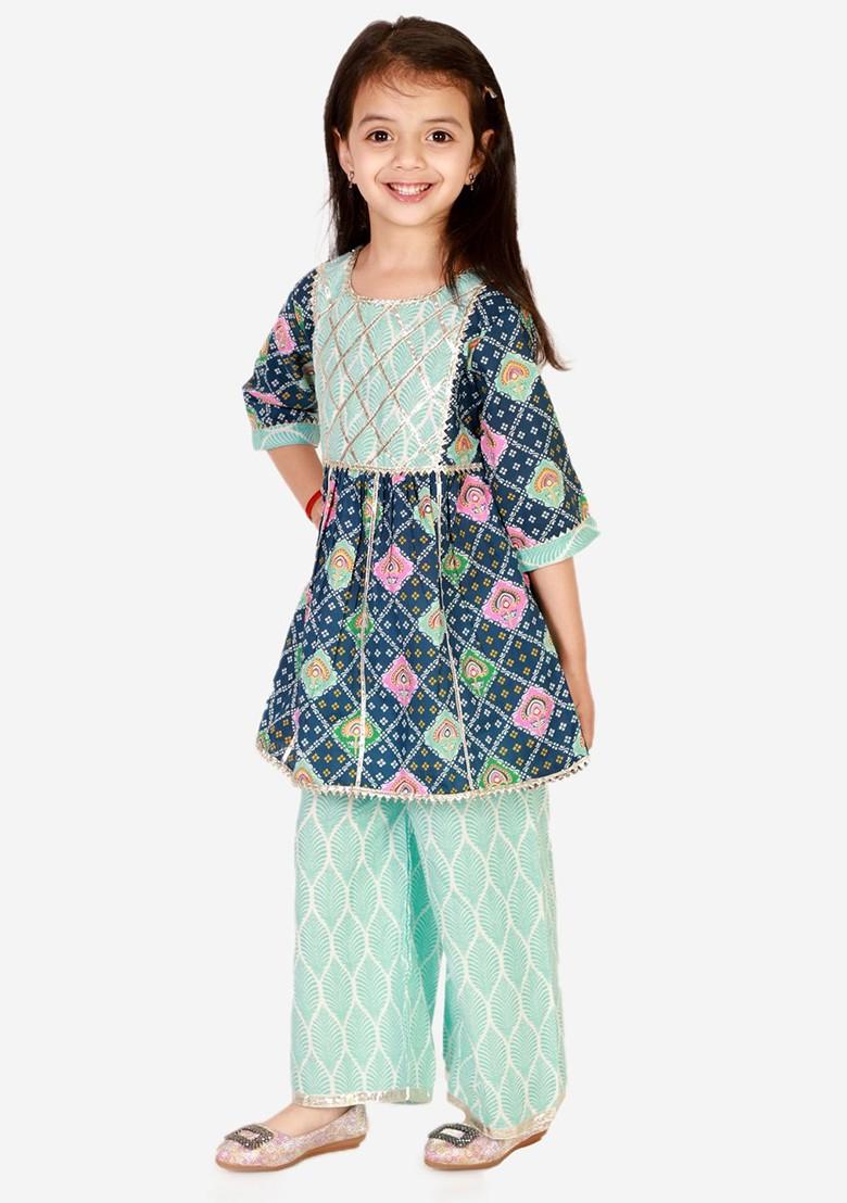 Girls Floral Printed Gotta Patti A Line Pure Cotton Kurta With Palazzos