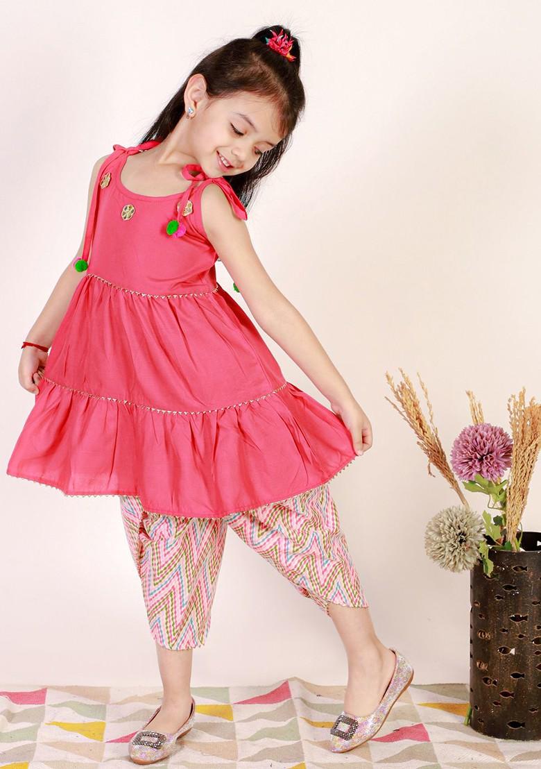 Girls Tiered Gotta Patti A Line Pure Cotton Kurta With Dhoti Pants