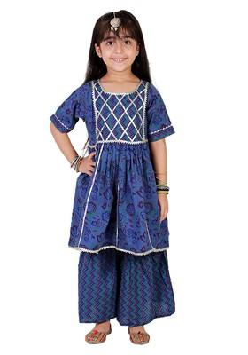 Girls Navy Blue Floral Printed Empire Gotta Patti Pure Cotton Kurti With Sharara