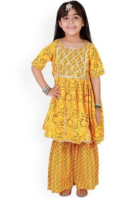 Girls Yellow Floral Printed Layered Gotta Patti Pure Cotton Kurta With Sharara