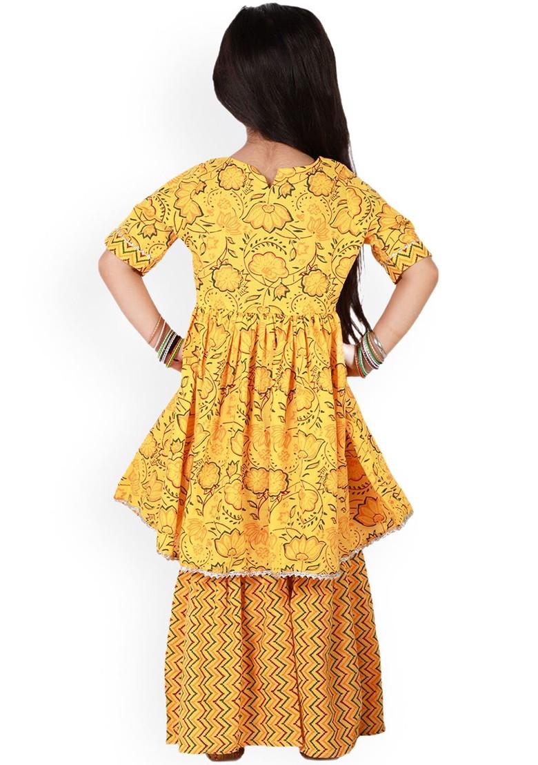 Girls Yellow Floral Printed Layered Gotta Patti Pure Cotton Kurta With Sharara