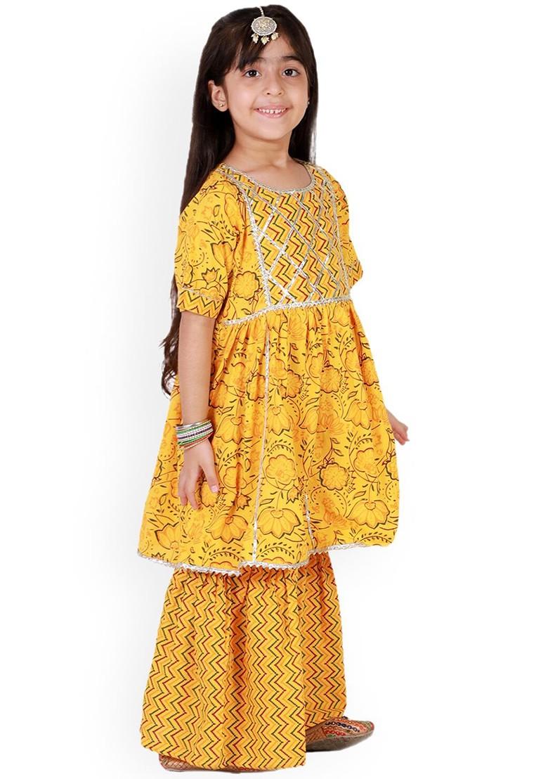 Girls Yellow Floral Printed Layered Gotta Patti Pure Cotton Kurta With Sharara