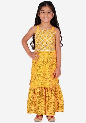 Girls Yellow Floral Printed Gotta Patti Pure Cotton Top With Sharara