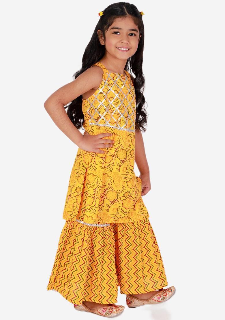 Girls Yellow Floral Printed Gotta Patti Pure Cotton Top With Sharara
