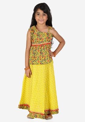 Girls Yellow And Red Printed Ready To Wear One Shoulder Cotton Lehenga Choli
