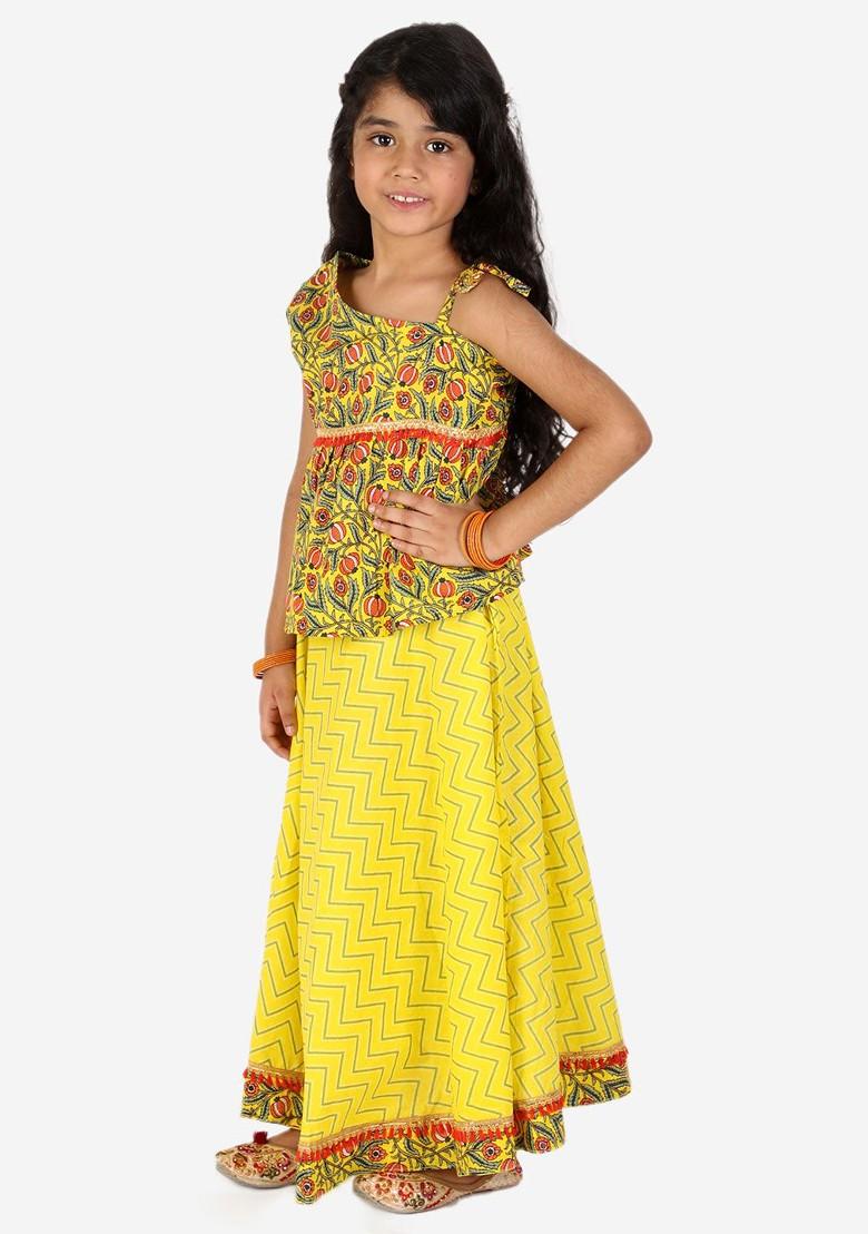 Girls Yellow And Red Printed Ready To Wear One Shoulder Cotton Lehenga Choli