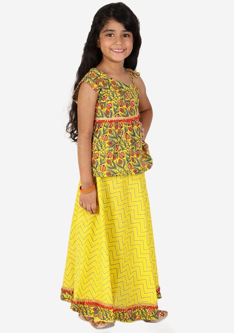 Girls Yellow And Red Printed Ready To Wear One Shoulder Cotton Lehenga Choli
