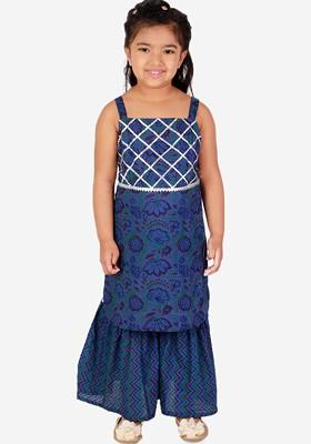 Girls Blue And Red Floral Printed Pure Cotton Kurta With Sharara