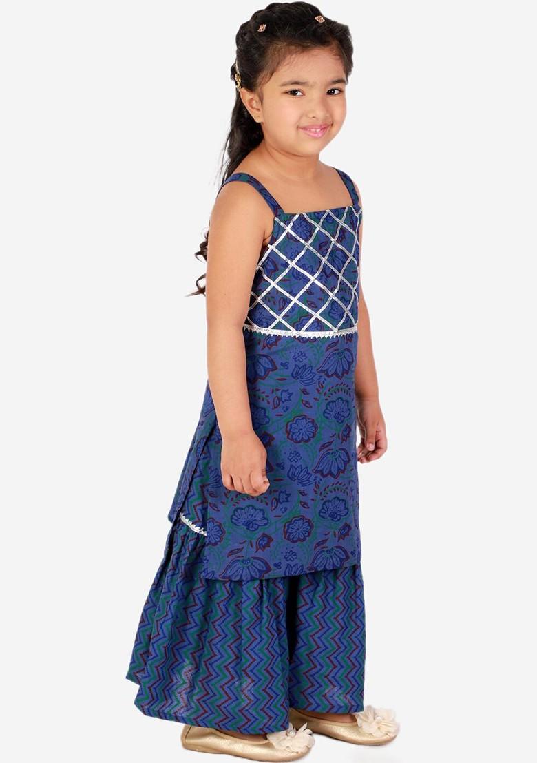 Girls Blue And Red Floral Printed Pure Cotton Kurta With Sharara
