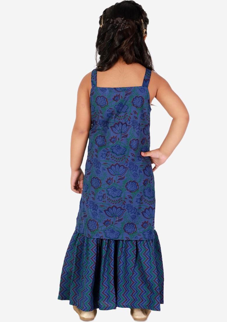 Girls Blue And Red Floral Printed Pure Cotton Kurta With Sharara